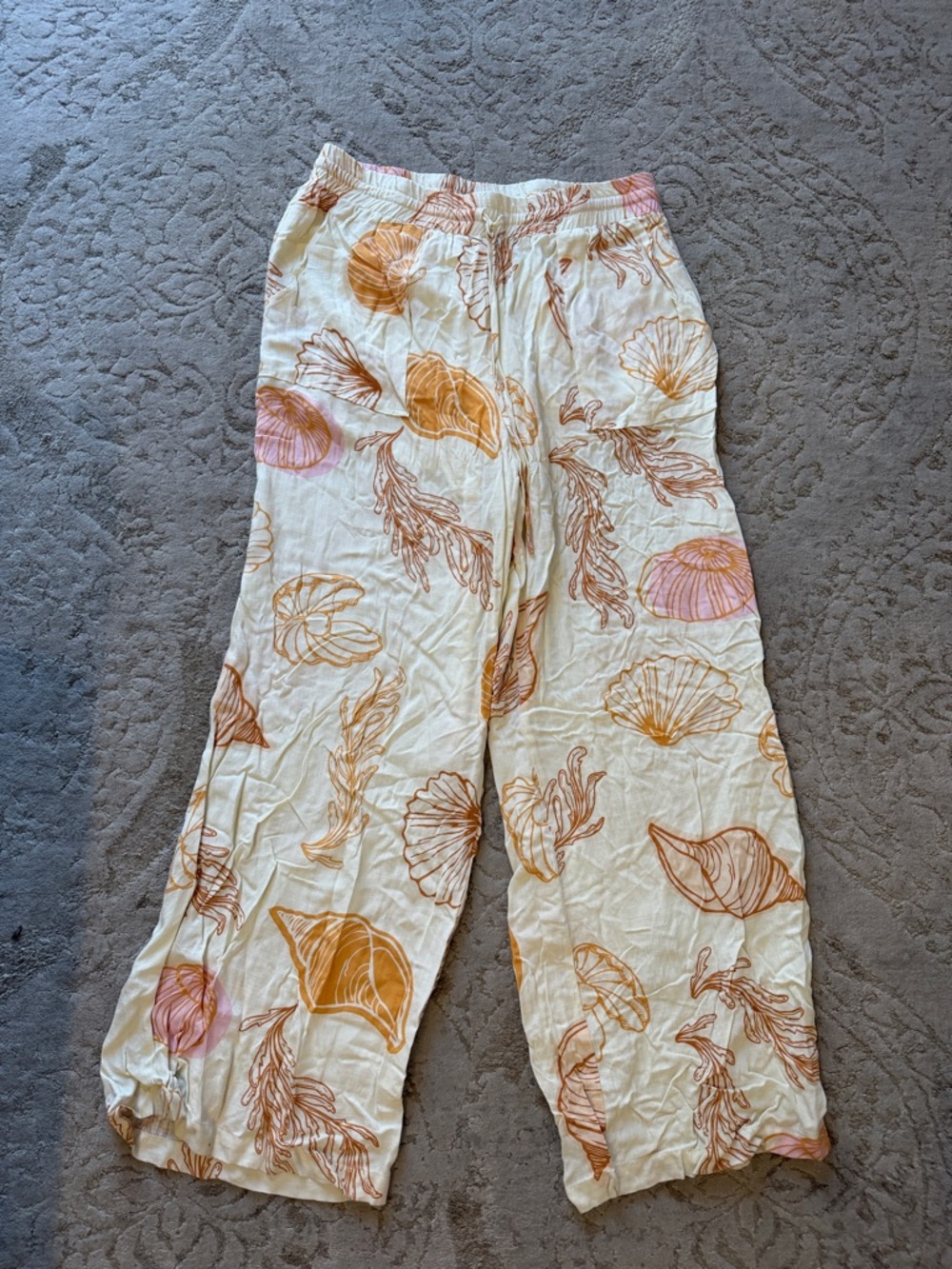ISH Cream Beach Shell Print Wide-Leg Pants with Orange and Pink Accents